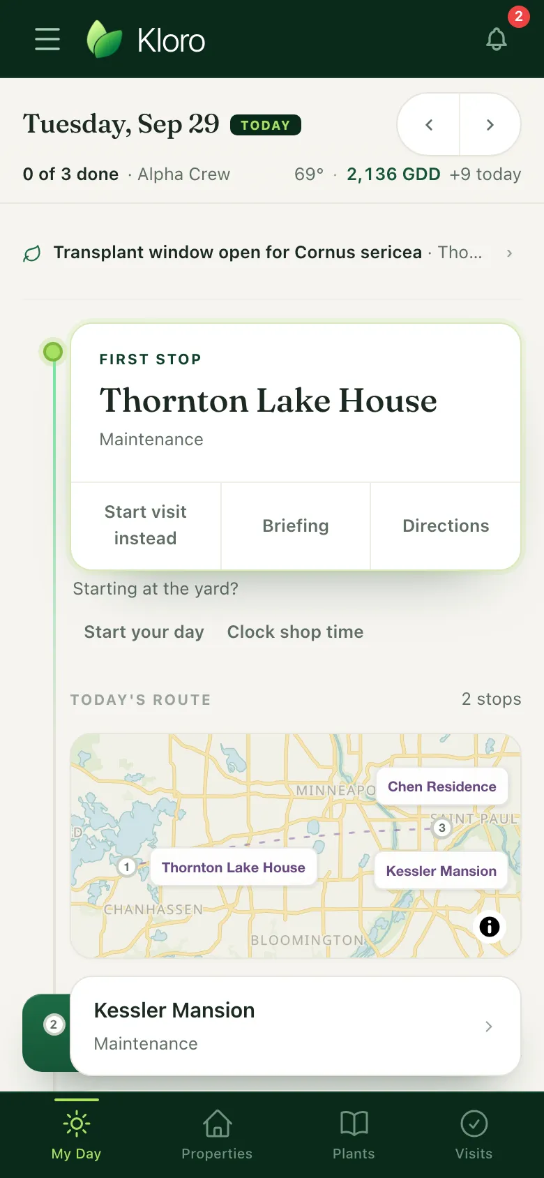 Kloro Run Sheet on a phone: the crew lead's first stop, the day's plant advisory, and the route on a map.