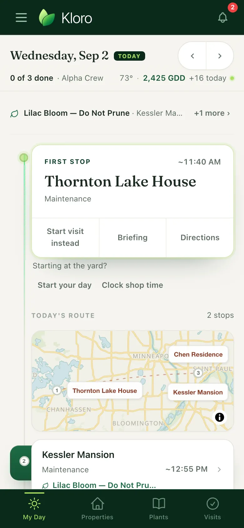 Kloro Run Sheet on a phone: the crew lead's day with the current visit, punch state and route.