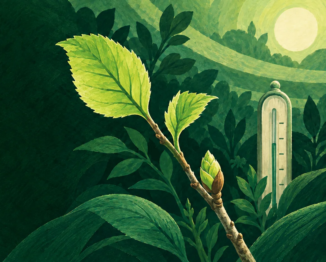 Painted illustration of a twig breaking bud, two new leaves unfolding beside an old garden thermometer, under a low spring sun.
